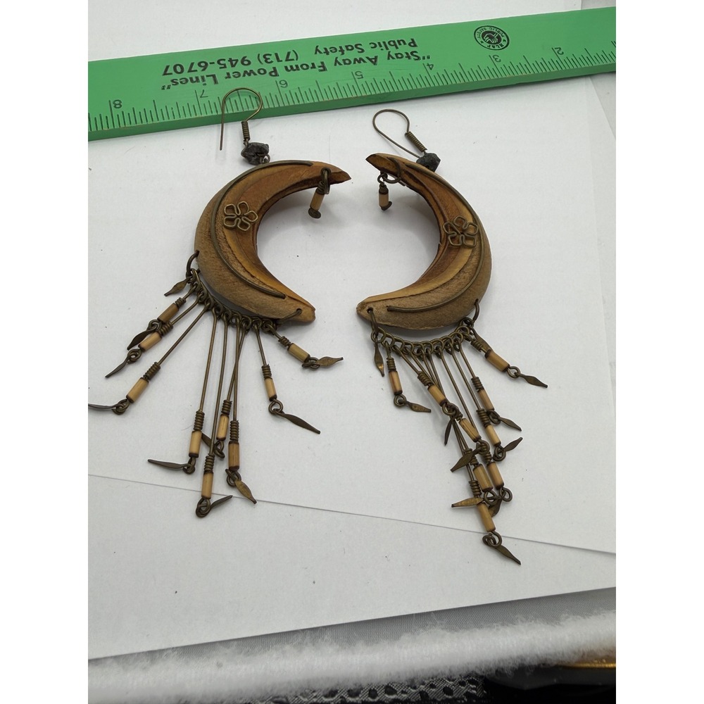 Vintage Boho Wooden Crescent Moon Dangle Earrings Celestial Beaded Fringe Brown